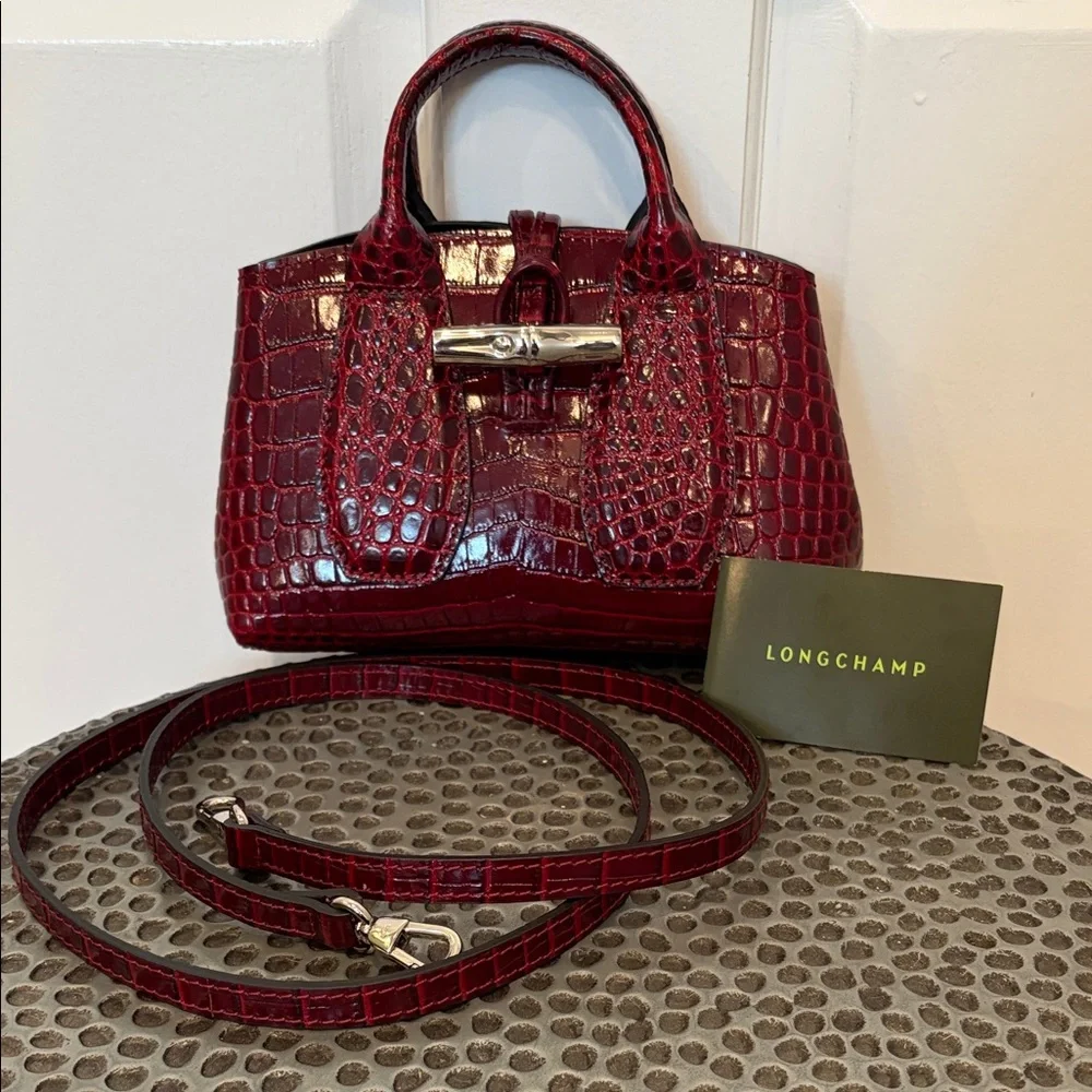 Longchamp XS Roseau Croc-Embossed Burgundy Top-Handle Satchel Crossbody Bag - Picture 1 of 15
